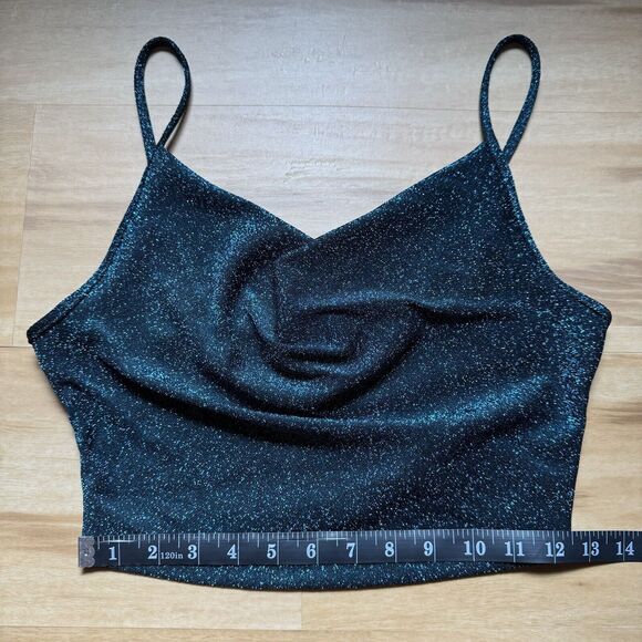 Women's Draped Cowl Neck Cropped Tank Top Blue Glitter Metallic Micro Cami M - Picture 9 of 9